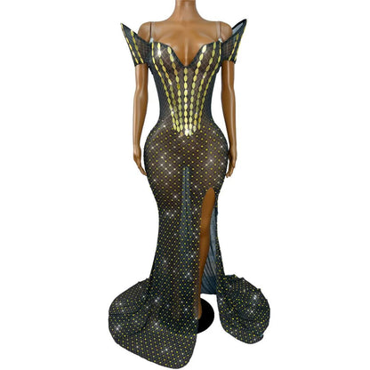 CELESINYI Huangliupian Rhinestone Willow Print Dress