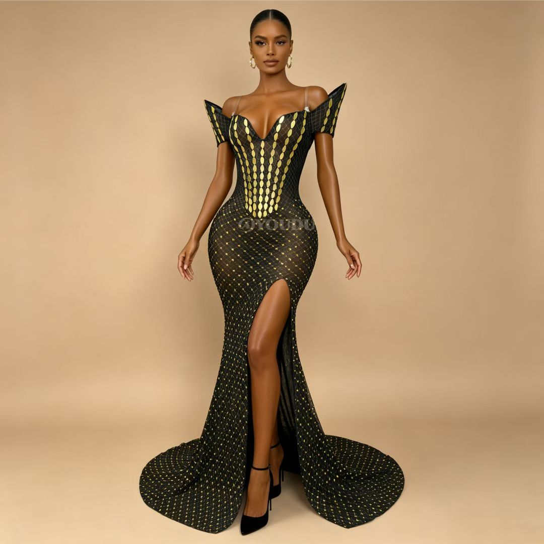 CELESINYI Huangliupian Rhinestone Willow Print Dress