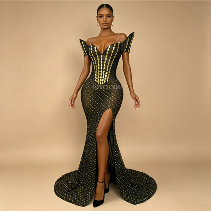 CELESINYI Huangliupian Rhinestone Willow Print Dress
