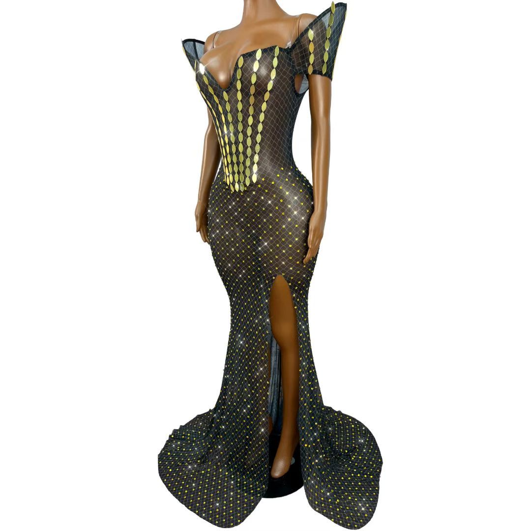 CELESINYI Huangliupian Rhinestone Willow Print Dress