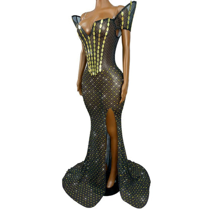 CELESINYI Huangliupian Rhinestone Willow Print Dress