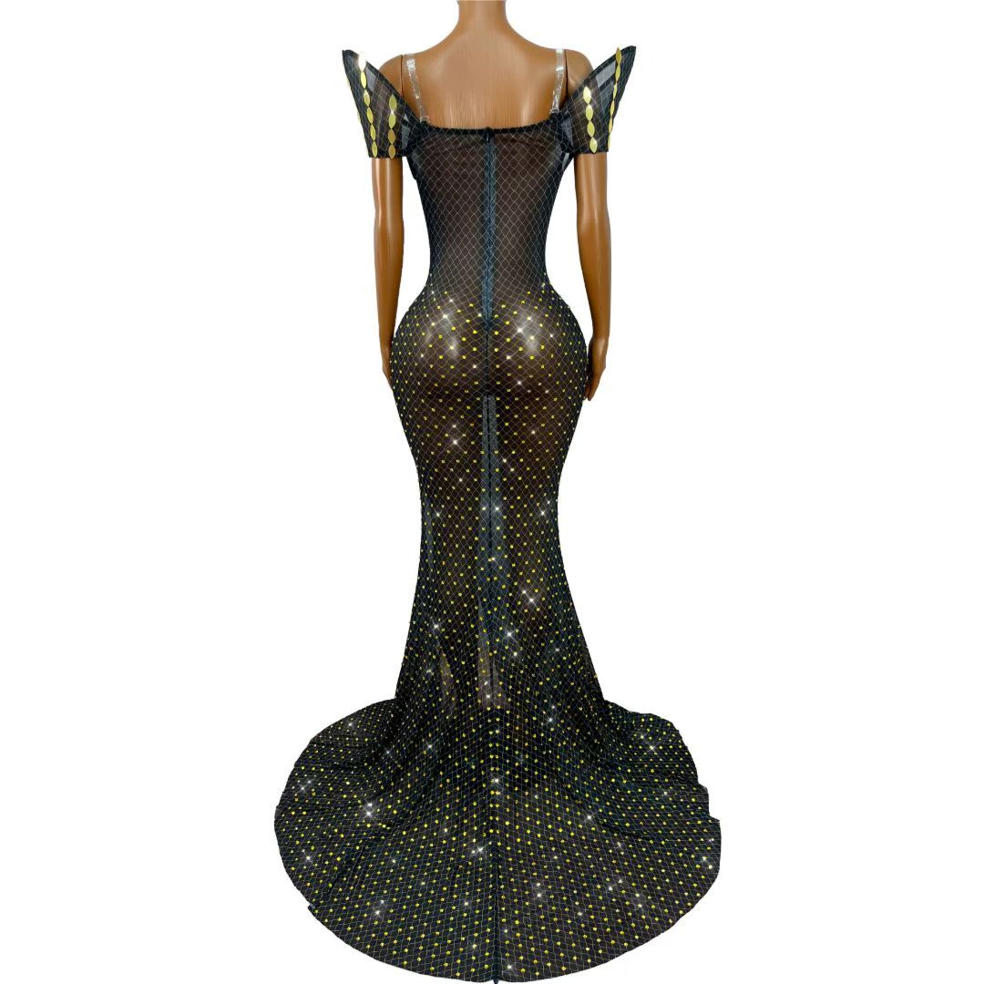 CELESINYI Huangliupian Rhinestone Willow Print Dress