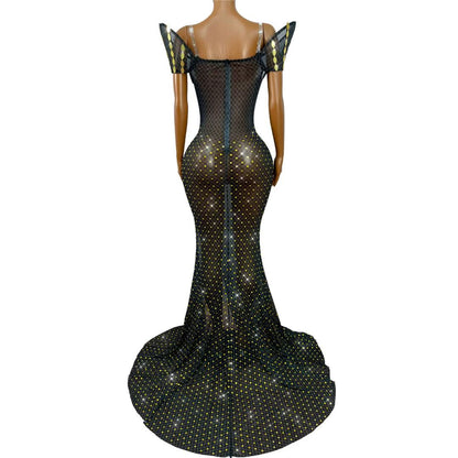 CELESINYI Huangliupian Rhinestone Willow Print Dress