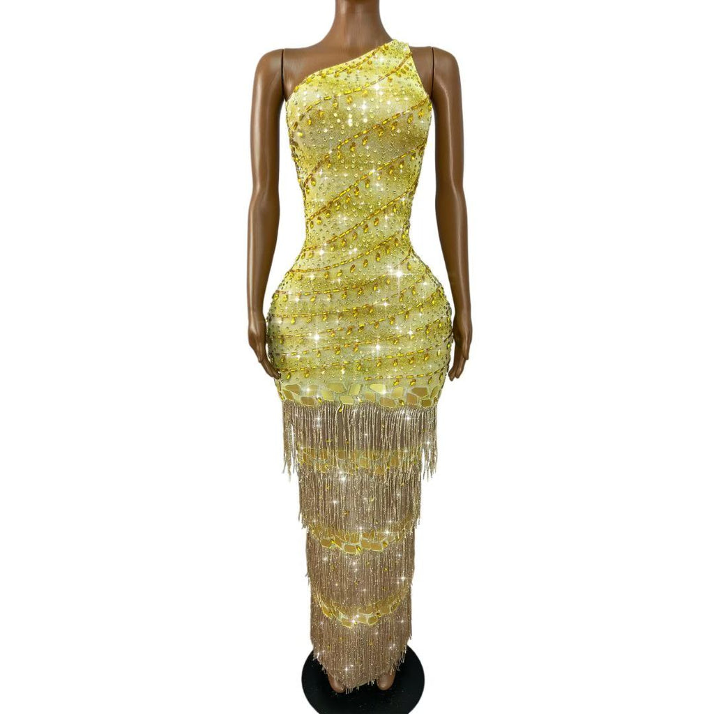 CELESINYI Jinxiansi Crystal Gold Mirror Fringe Gown