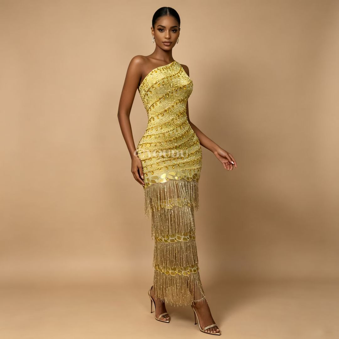CELESINYI Jinxiansi Crystal Gold Mirror Fringe Gown