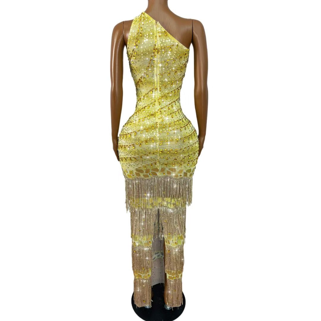 CELESINYI Jinxiansi Crystal Gold Mirror Fringe Gown
