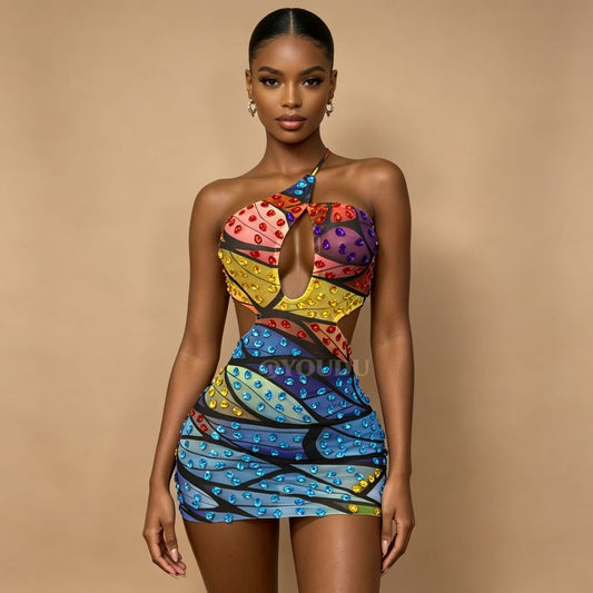 CELESINYI Danziqingdiao Crystal Butterfly Wing Mini Dress