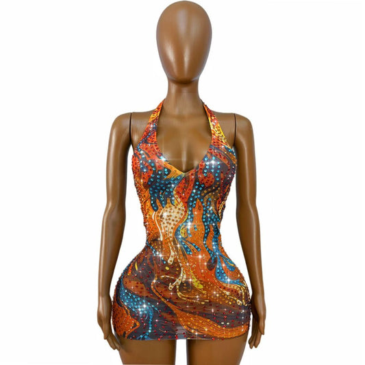CELESINYI Caihongsi Rainbow Crystal Flame Mini Dress