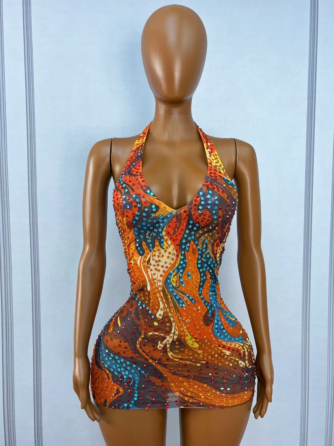 CELESINYI Caihongsi Rainbow Crystal Flame Mini Dress