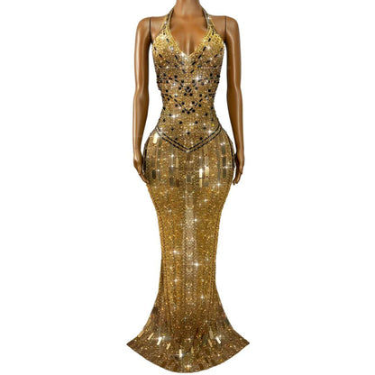 CELESINYI Gutongjingpian Rhinestone Mirror Print Dress