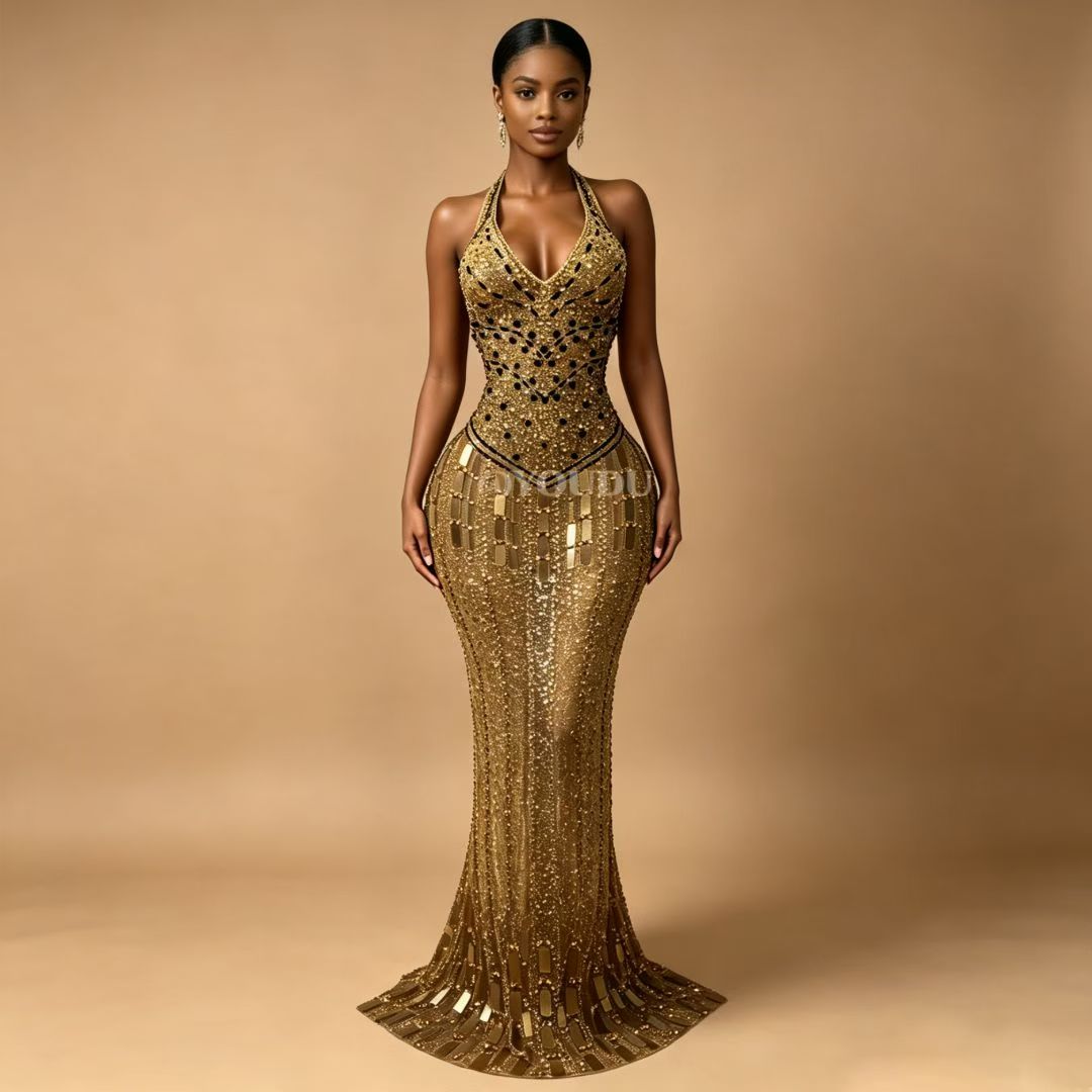 CELESINYI Gutongjingpian Rhinestone Mirror Print Dress