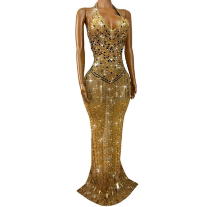 CELESINYI Gutongjingpian Rhinestone Mirror Print Dress
