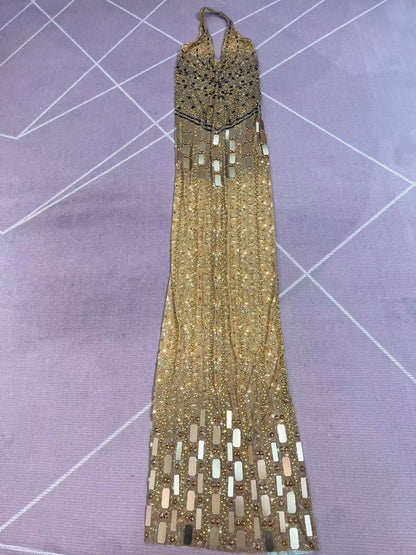 CELESINYI Gutongjingpian Rhinestone Mirror Print Dress