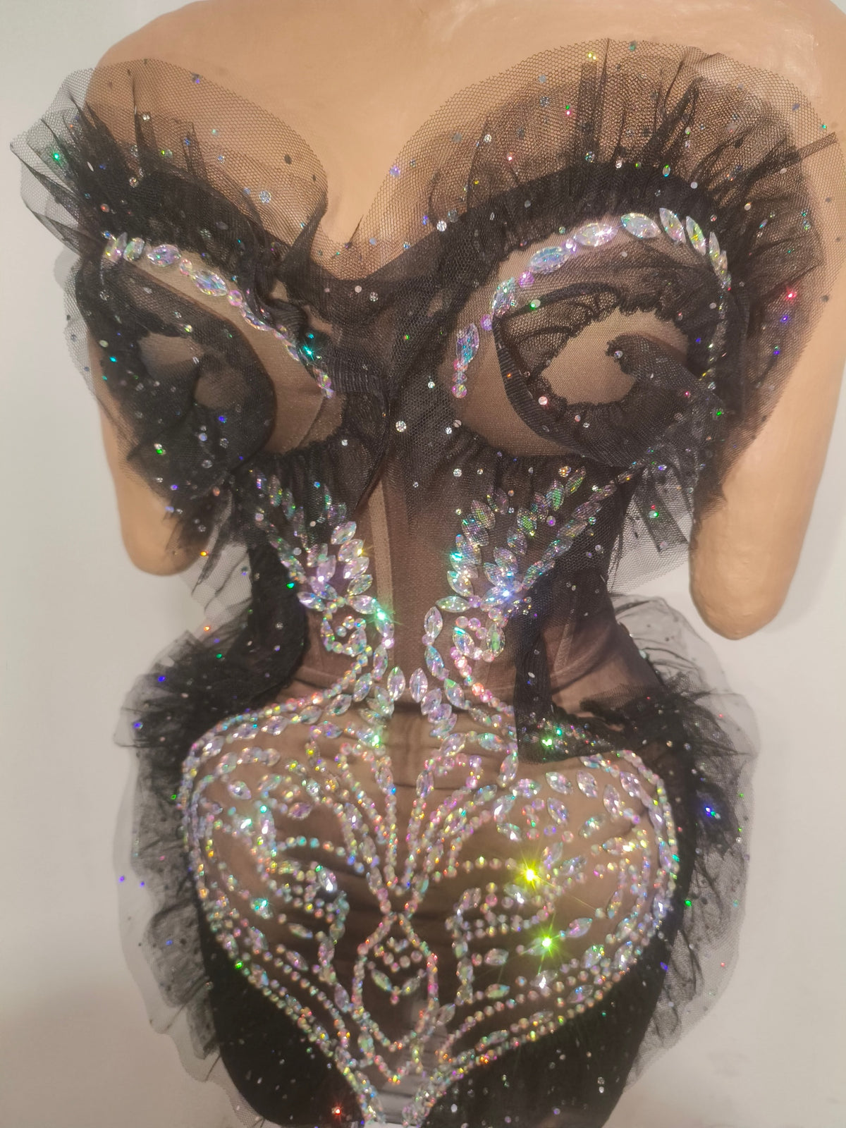 CELESINYI Xuanwo Crystal Black Mesh Mini Dress