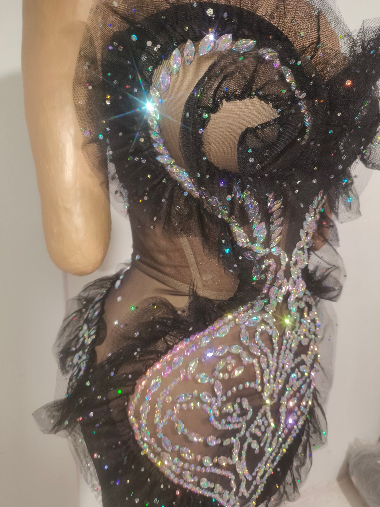 CELESINYI Xuanwo Crystal Black Mesh Mini Dress