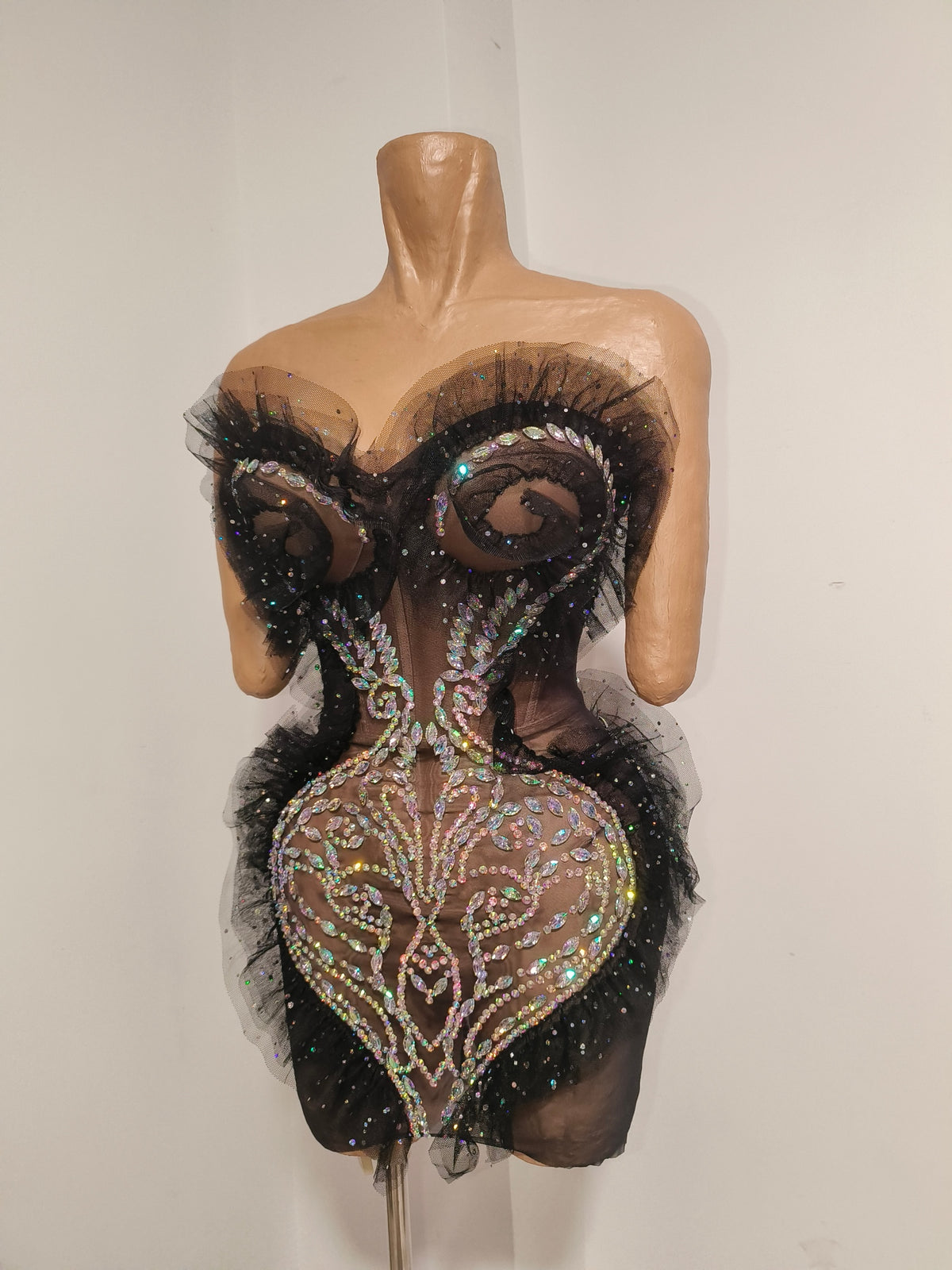 CELESINYI Xuanwo Crystal Black Mesh Mini Dress