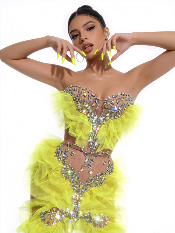 CELESINYI Huangchong Crystal Neon Yellow Mini Dress