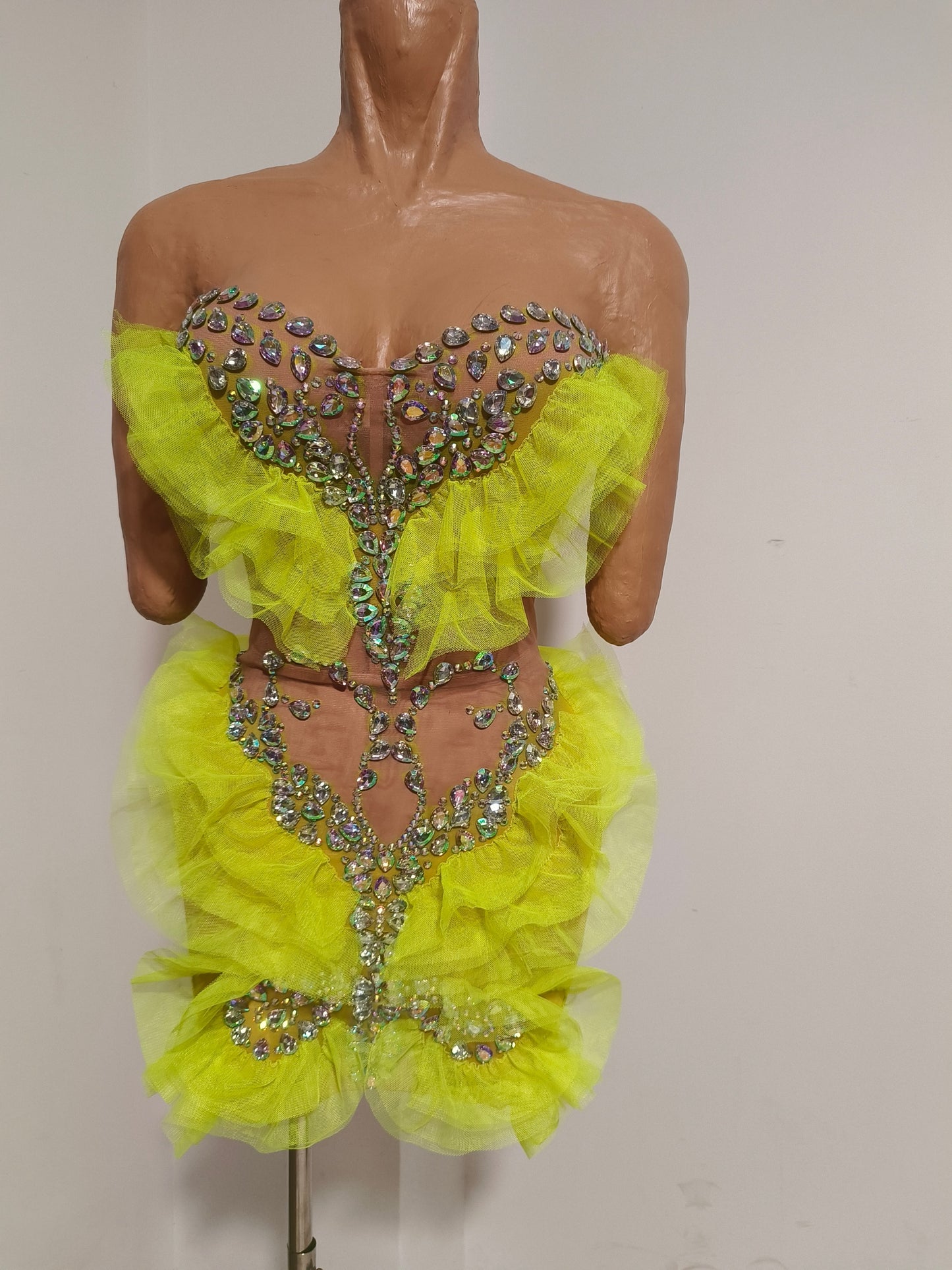 CELESINYI Huangchong Crystal Neon Yellow Mini Dress