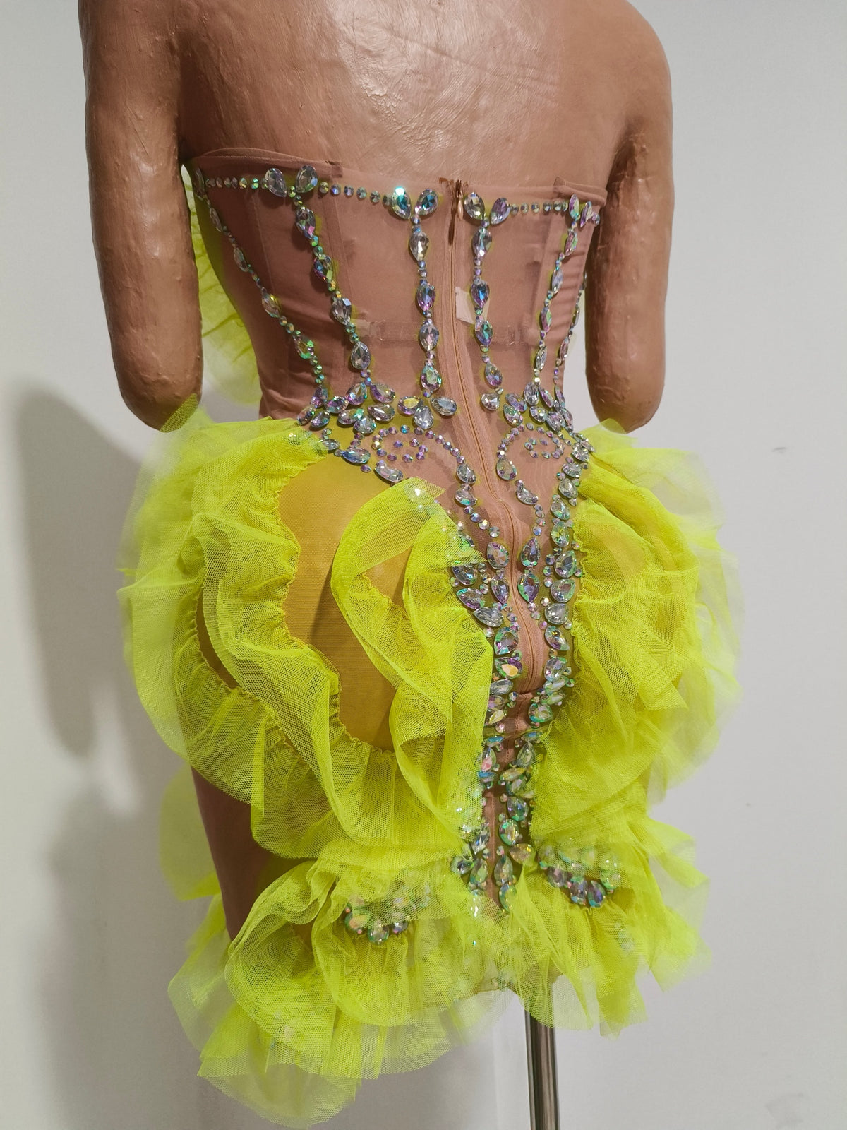CELESINYI Huangchong Crystal Neon Yellow Mini Dress