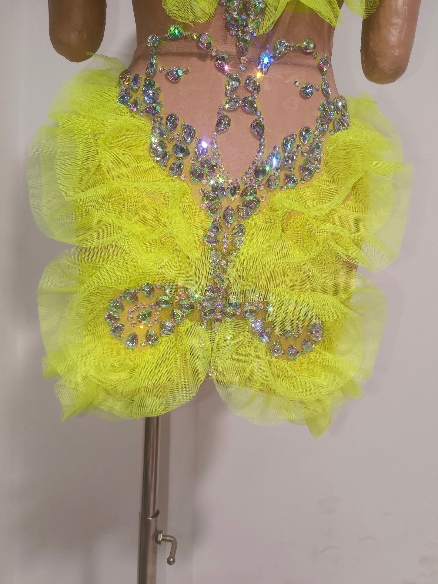 CELESINYI Huangchong Crystal Neon Yellow Mini Dress