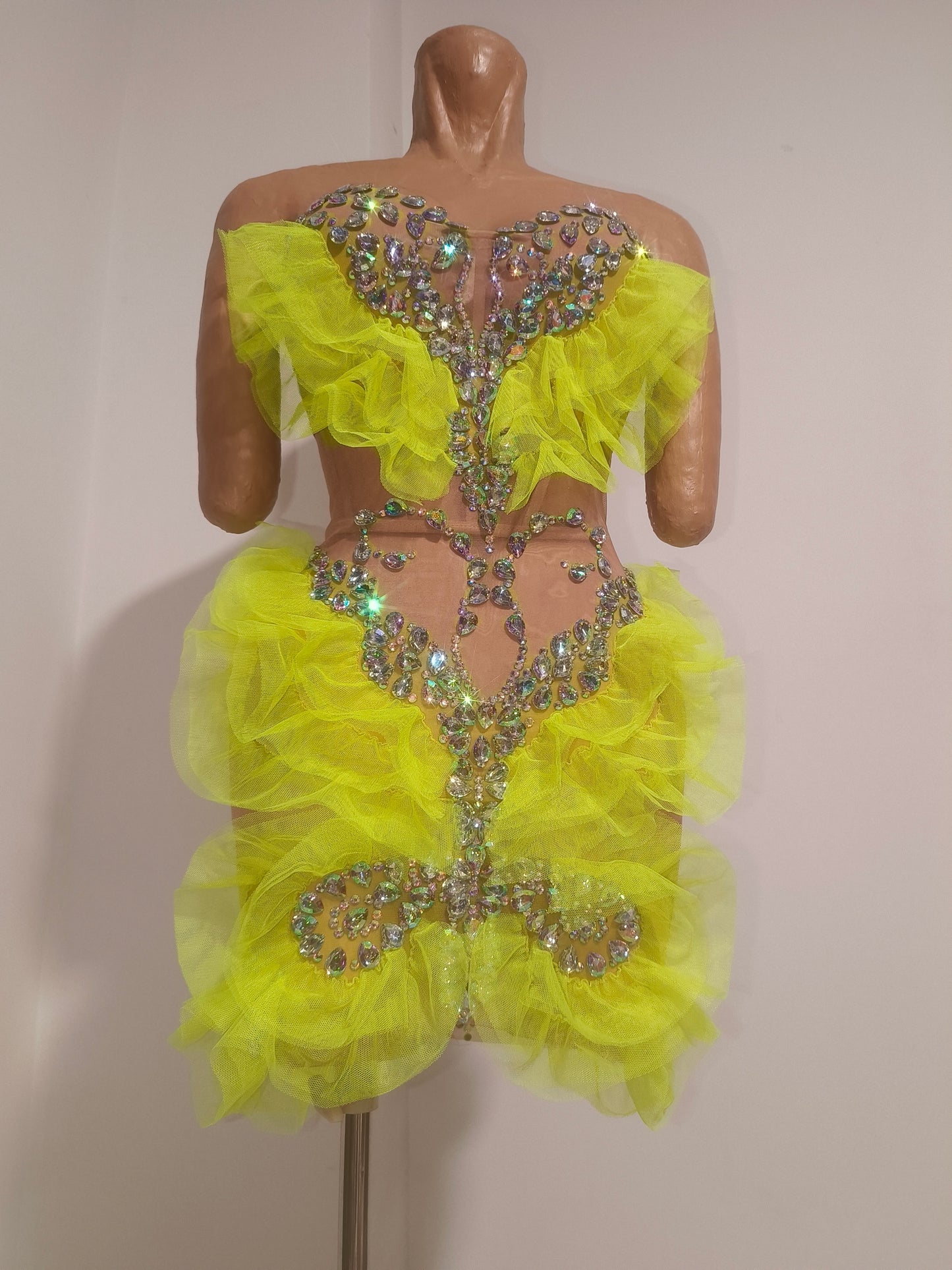 CELESINYI Huangchong Crystal Neon Yellow Mini Dress
