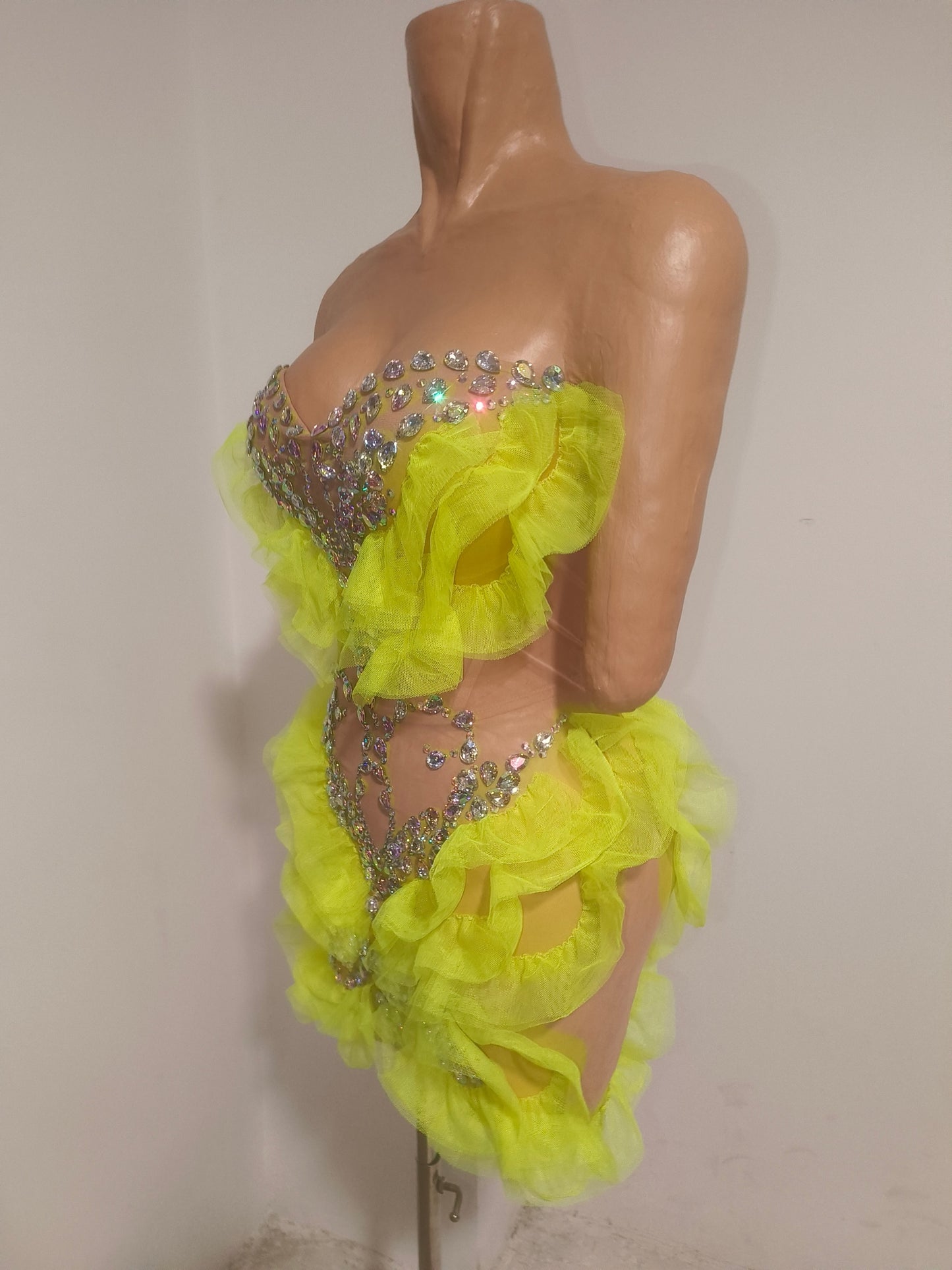 CELESINYI Huangchong Crystal Neon Yellow Mini Dress
