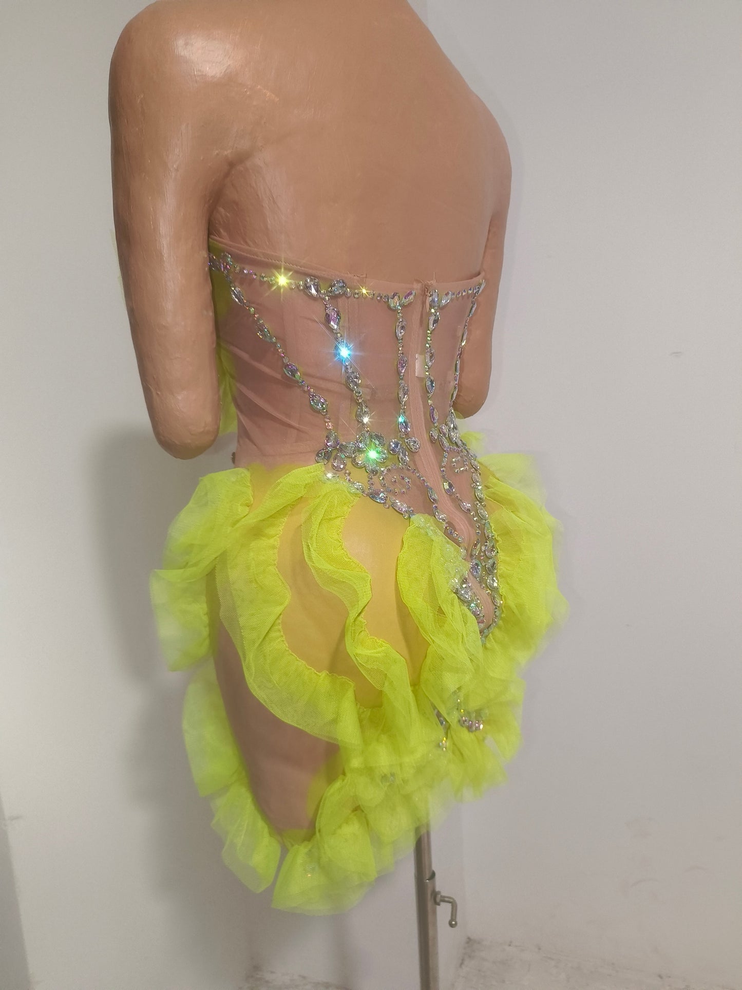 CELESINYI Huangchong Crystal Neon Yellow Mini Dress
