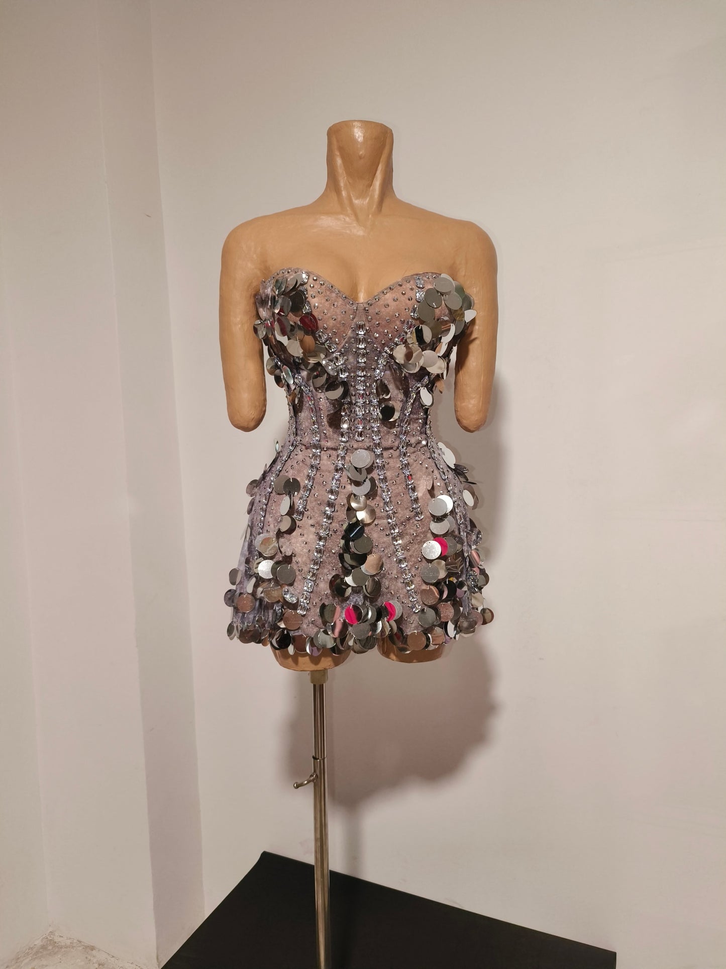 CELESINYI Daiyin Rhinestone Mirror Mini Dress