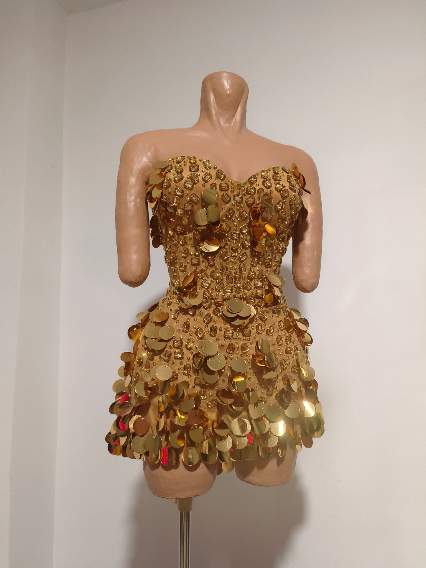 CELESINYI Chuanjin Crystal Gold Sequin Mini Dress
