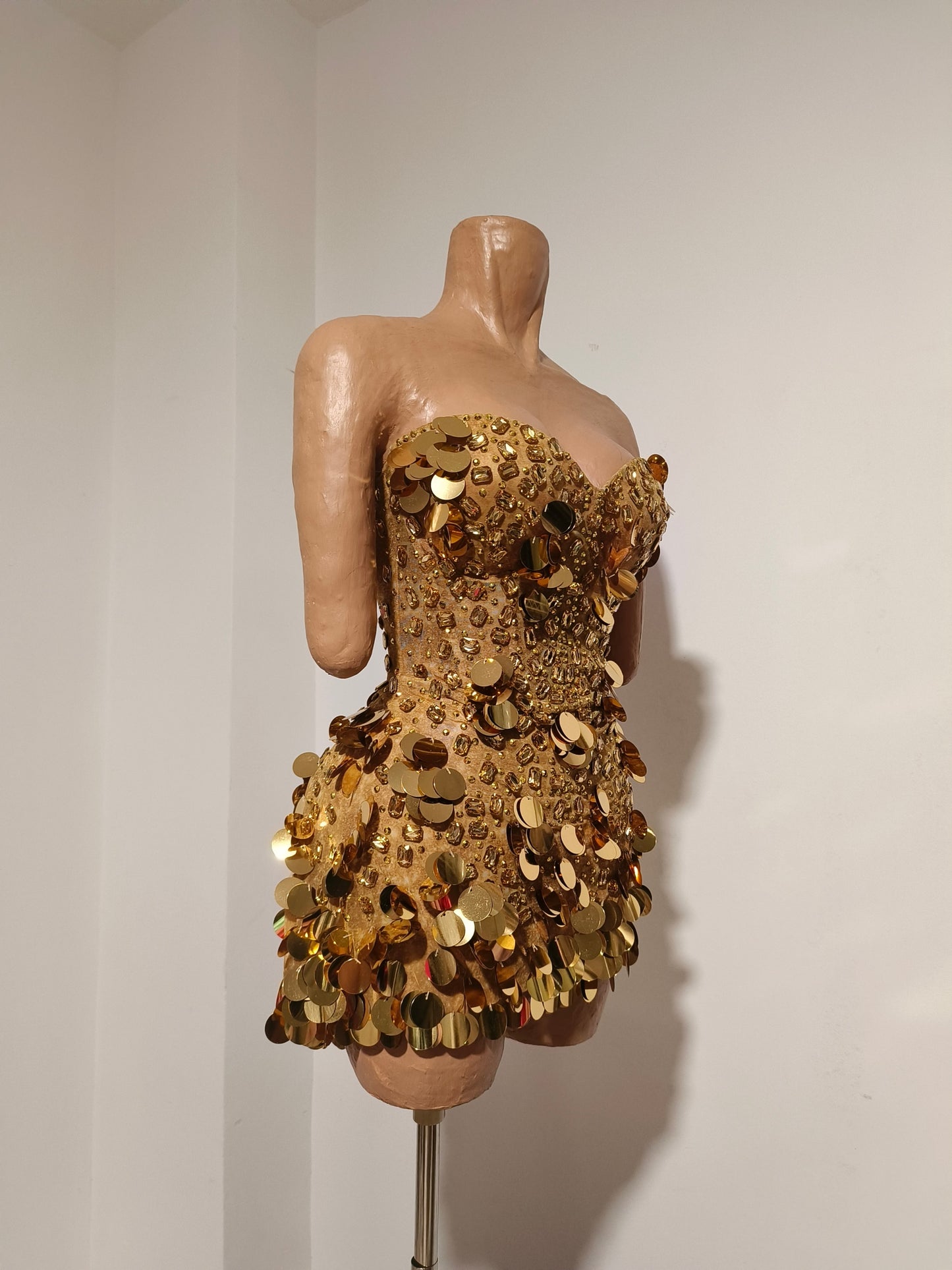 CELESINYI Chuanjin Crystal Gold Sequin Mini Dress