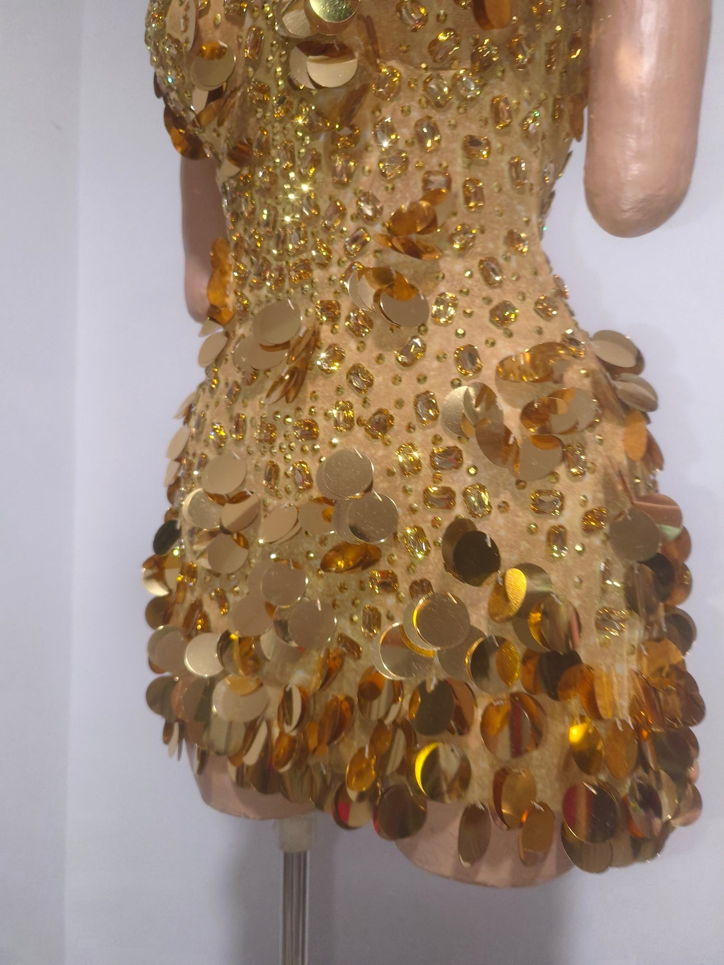 CELESINYI Chuanjin Crystal Gold Sequin Mini Dress