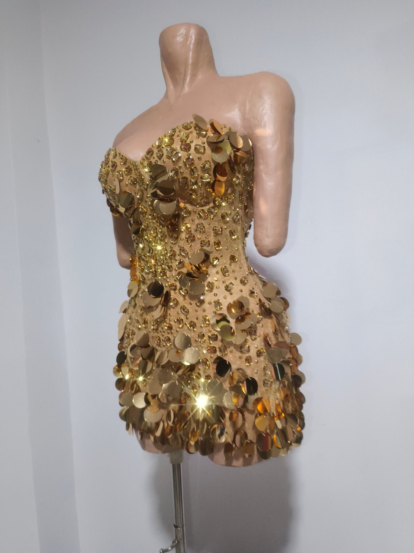CELESINYI Chuanjin Crystal Gold Sequin Mini Dress