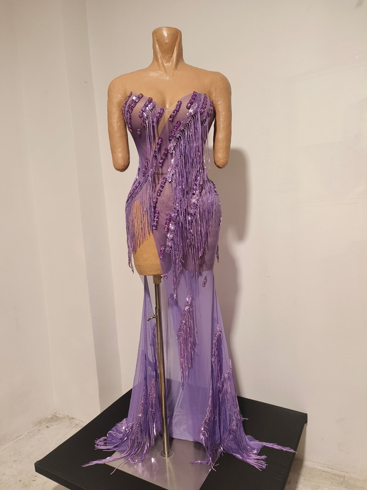 CELESINYI Zisi Crystal Lavender Fringe Gown