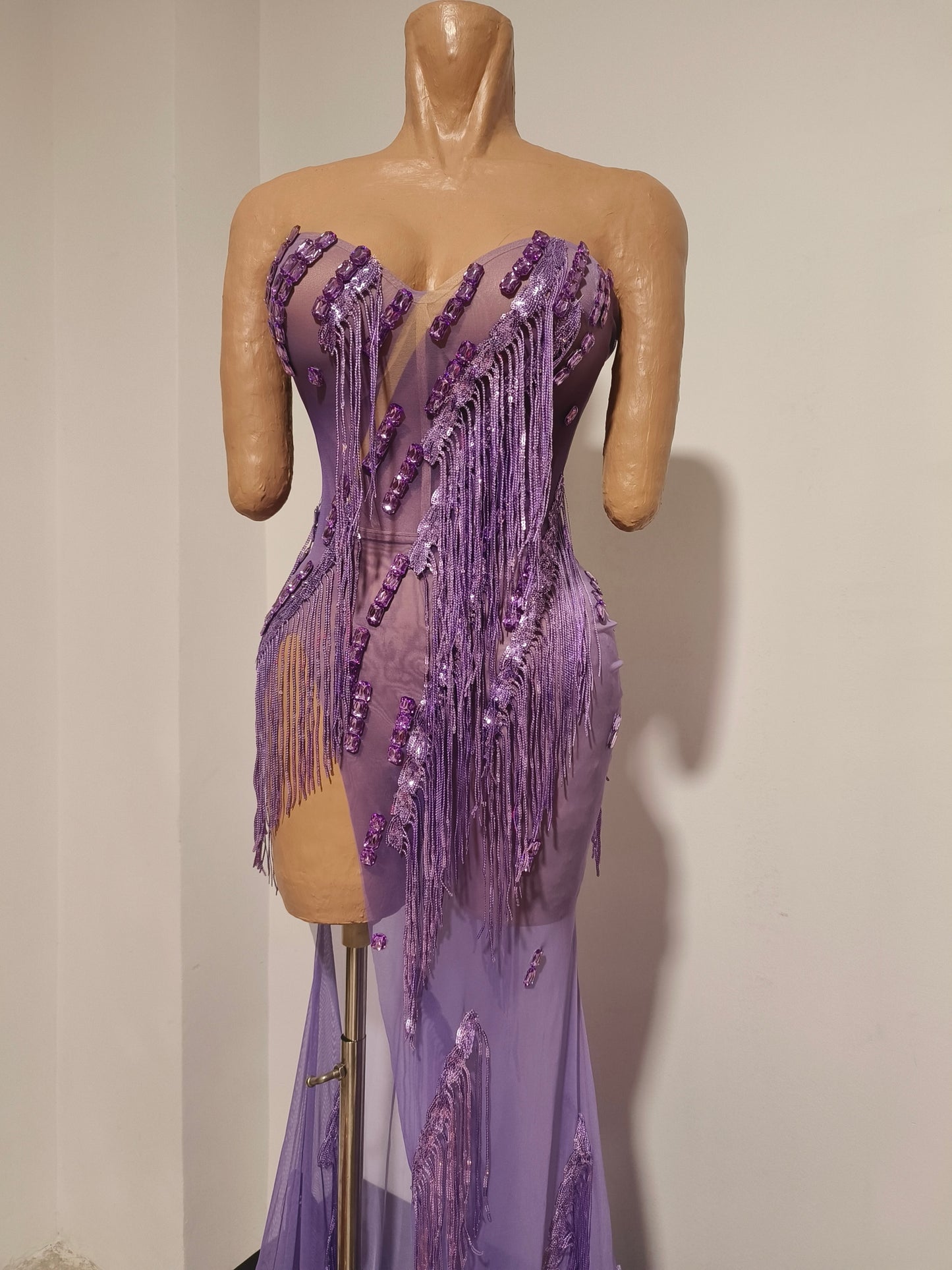 CELESINYI Zisi Crystal Lavender Fringe Gown
