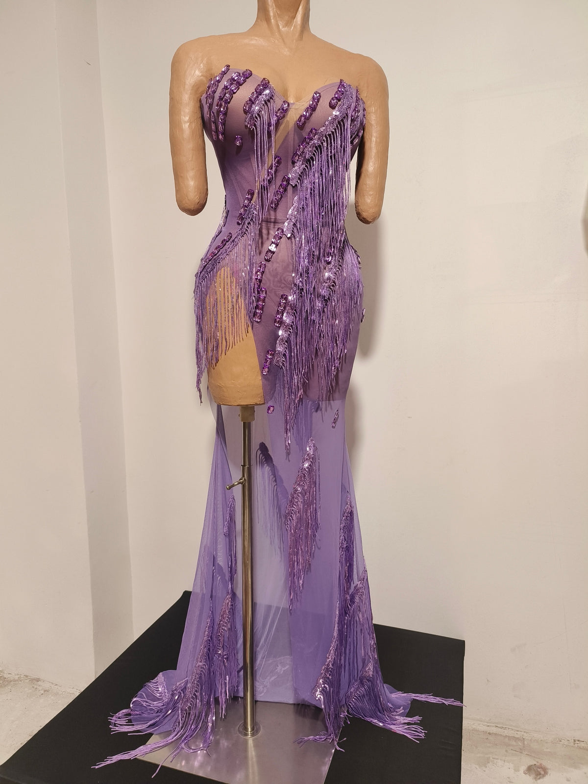 CELESINYI Zisi Crystal Lavender Fringe Gown