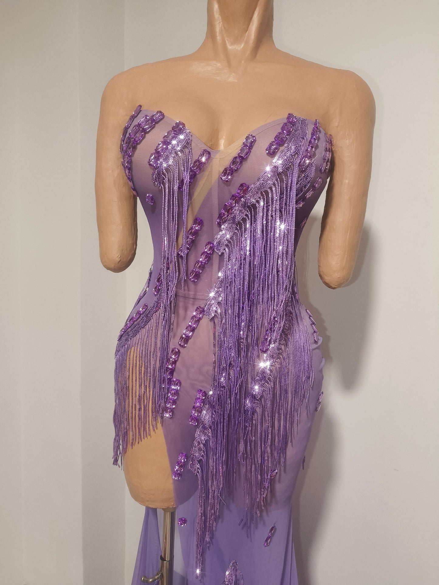 CELESINYI Zisi Crystal Lavender Fringe Gown