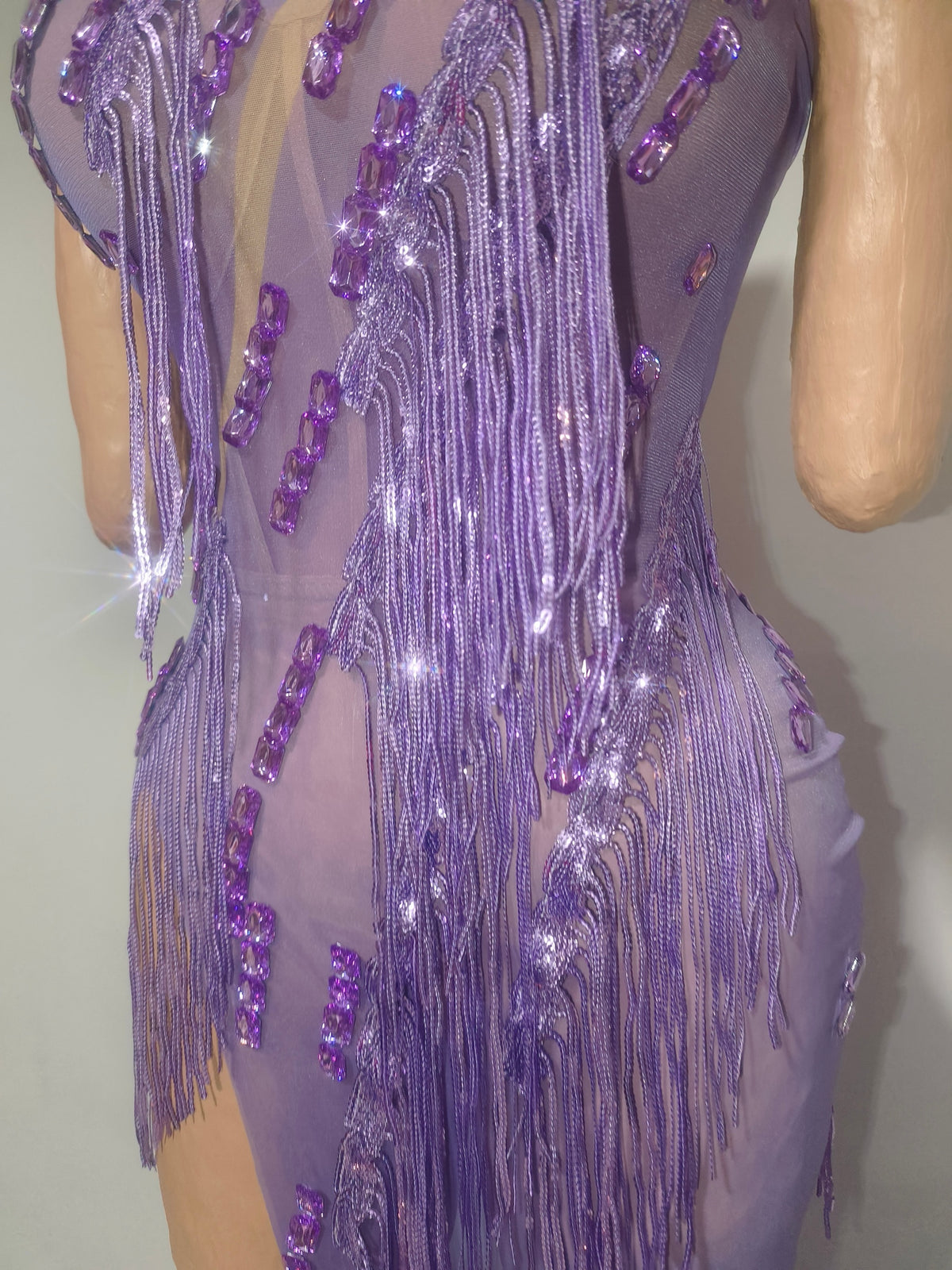 CELESINYI Zisi Crystal Lavender Fringe Gown