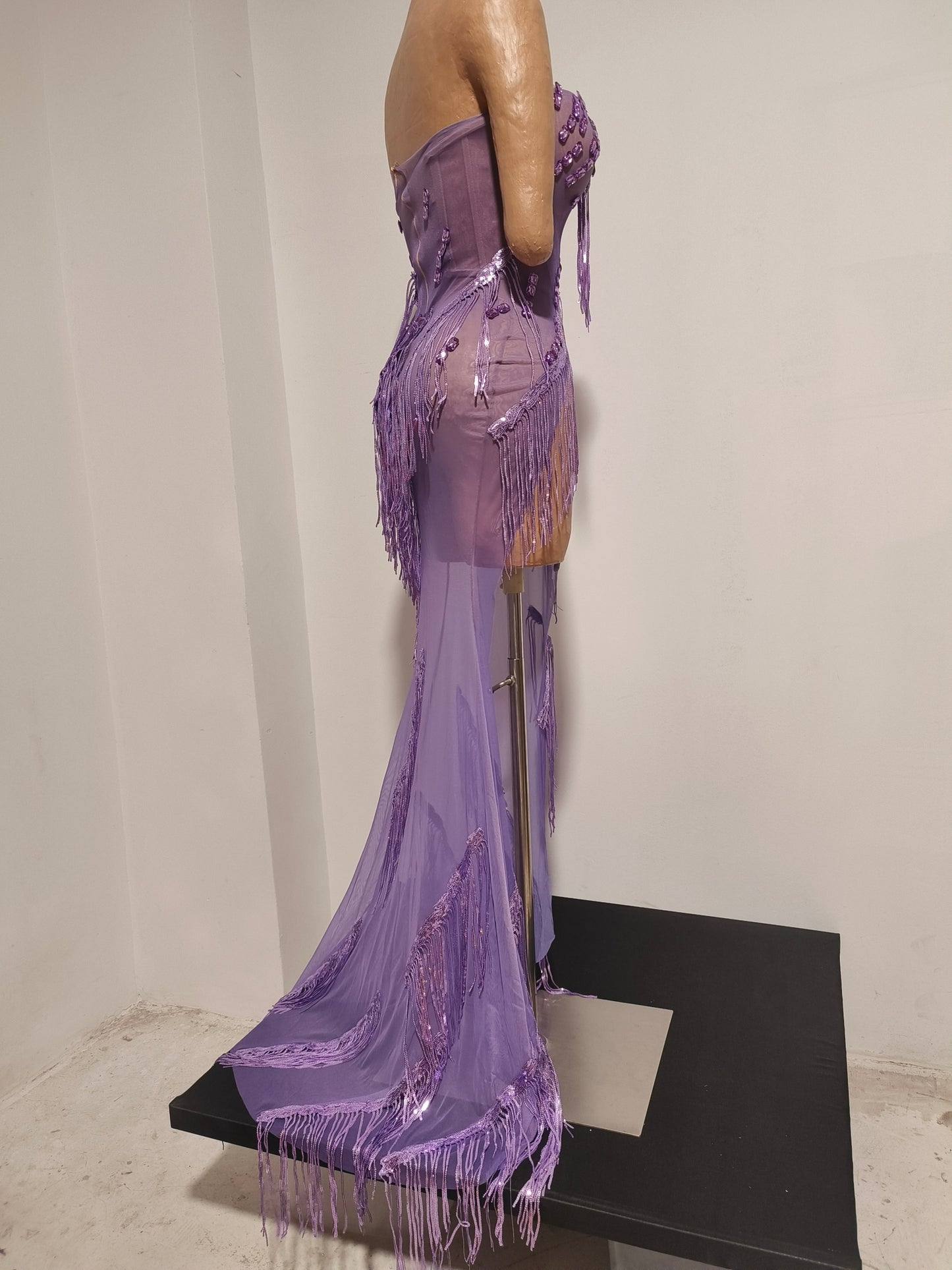 CELESINYI Zisi Crystal Lavender Fringe Gown