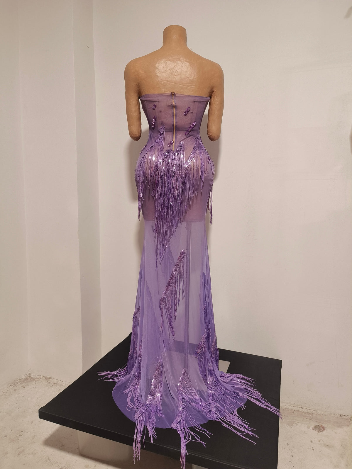 CELESINYI Zisi Crystal Lavender Fringe Gown
