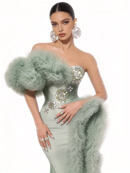 CELESINYI Migua Crystal Melon Tulle Gown