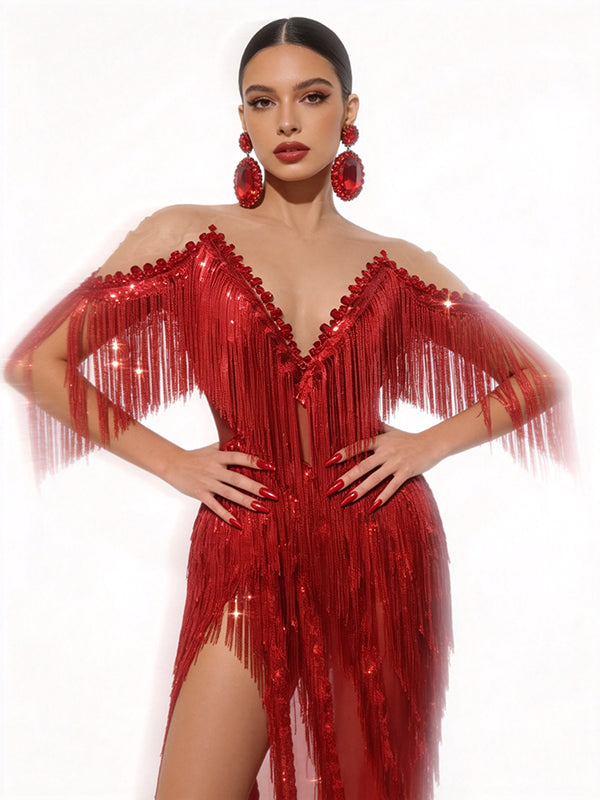 CELESINYI Lazhu Rhinestone Red Fringe Gown