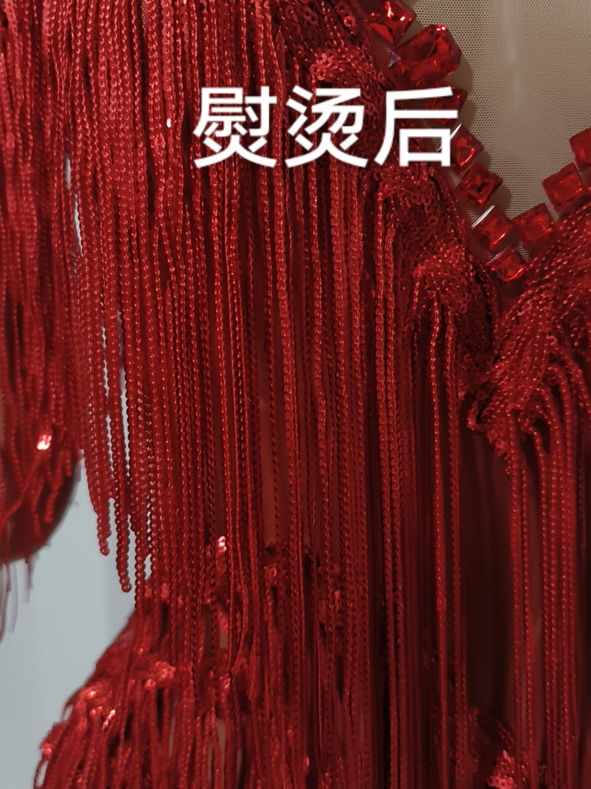 CELESINYI Lazhu Rhinestone Red Fringe Gown