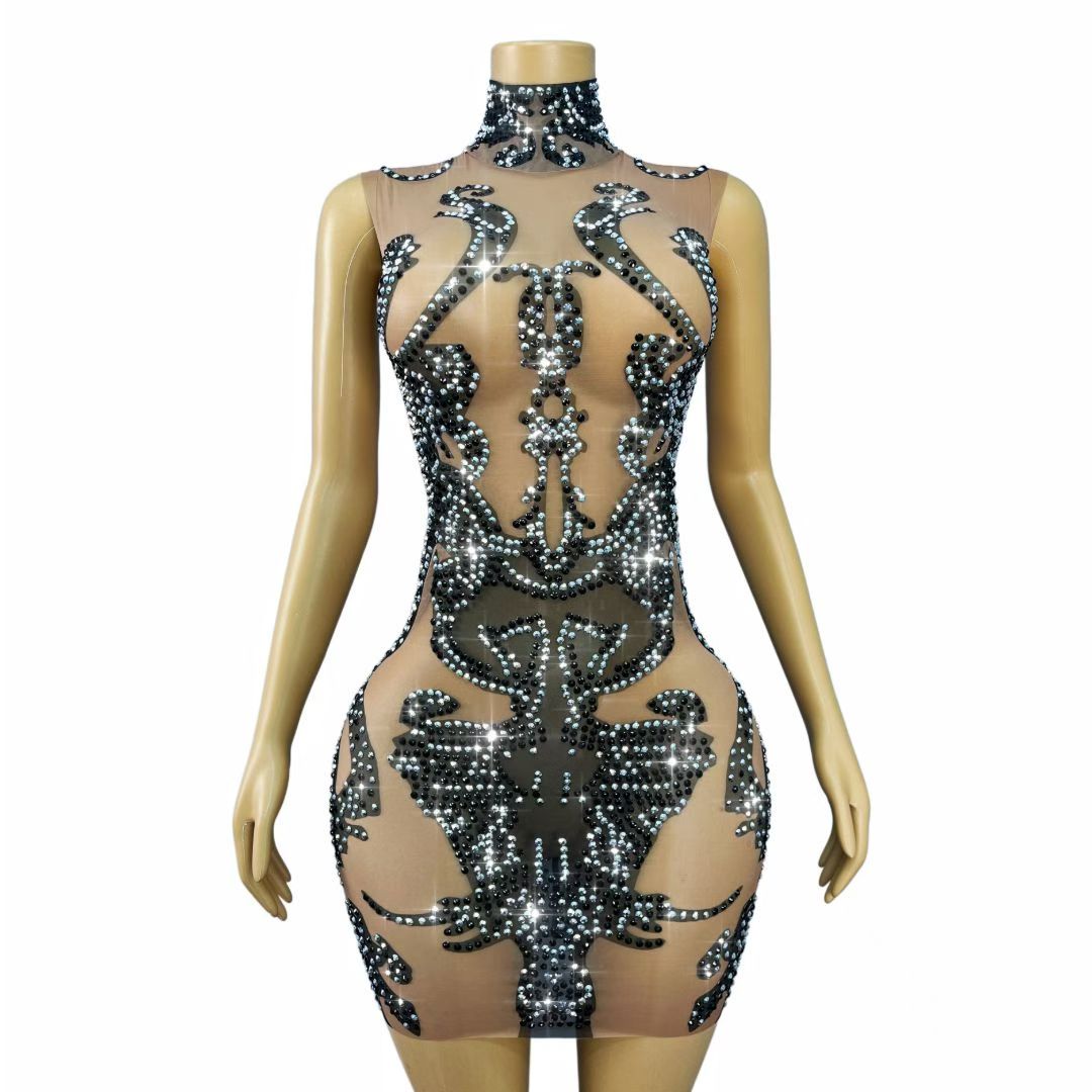 CELESINYI Heibaiqi Crystal Checkerboard Party Dress
