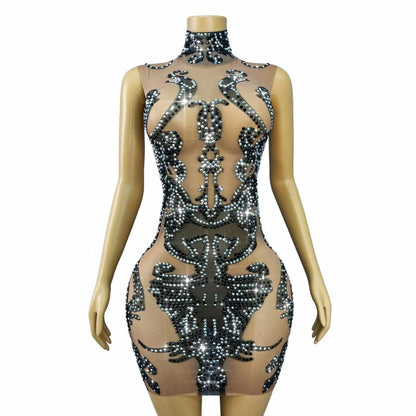 CELESINYI Heibaiqi Crystal Checkerboard Party Dress