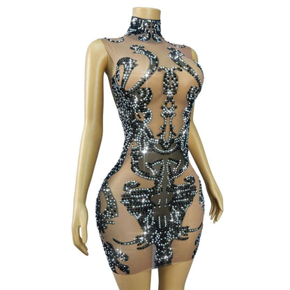 CELESINYI Heibaiqi Crystal Checkerboard Party Dress