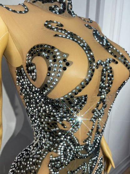 CELESINYI Heibaiqi Crystal Checkerboard Party Dress
