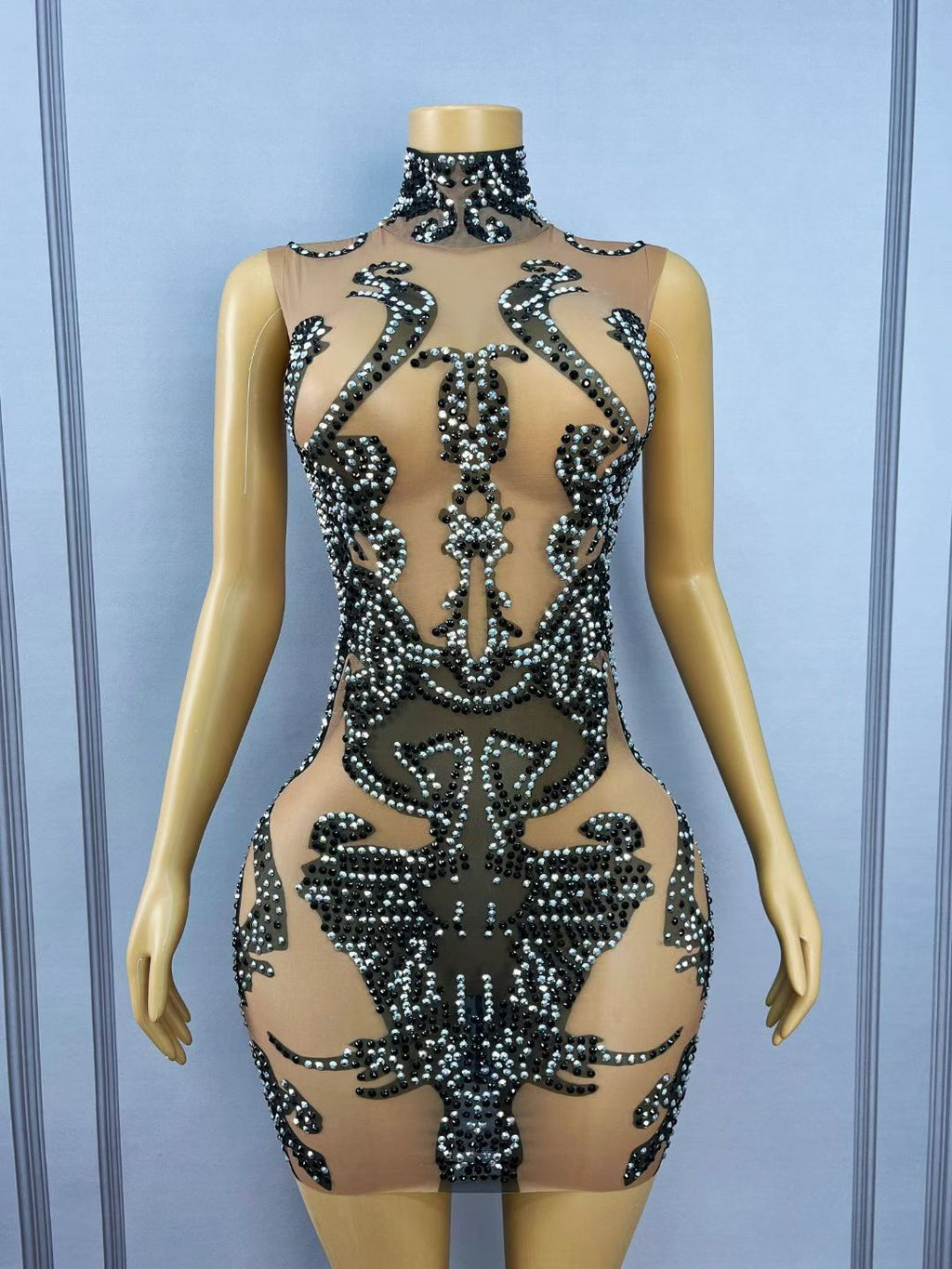 CELESINYI Heibaiqi Crystal Black White Baroque Mini Dress