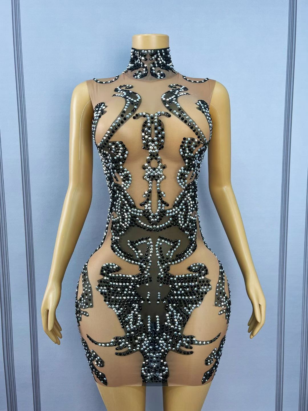 CELESINYI Heibaiqi Crystal Checkerboard Party Dress