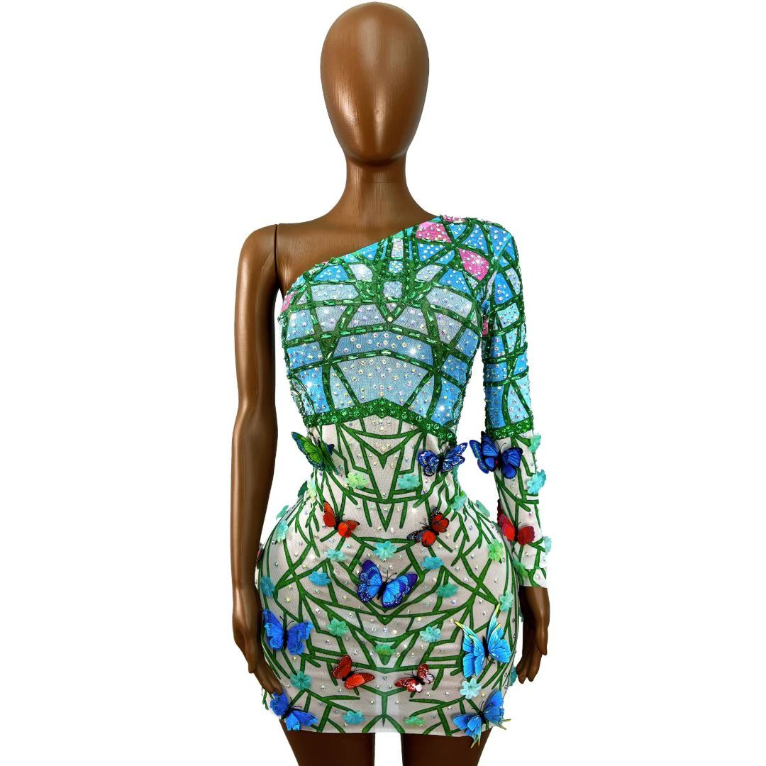 CELESINYI Hudiehuaban Crystal Butterfly Print Dress
