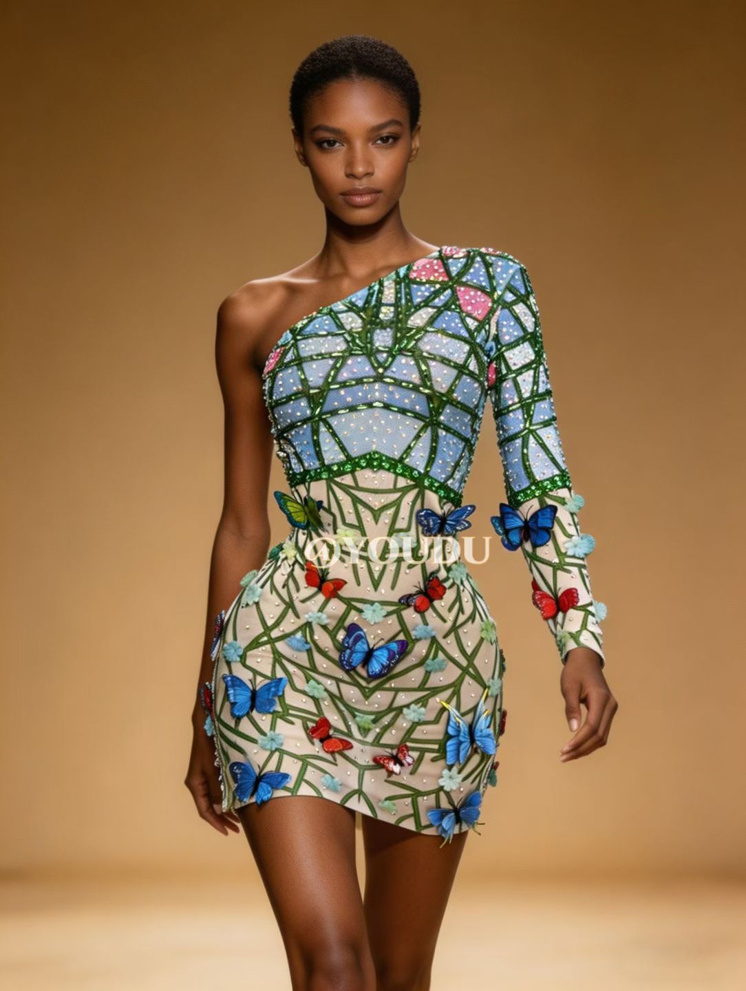 CELESINYI Hudiehuaban Crystal Butterfly Print Dress